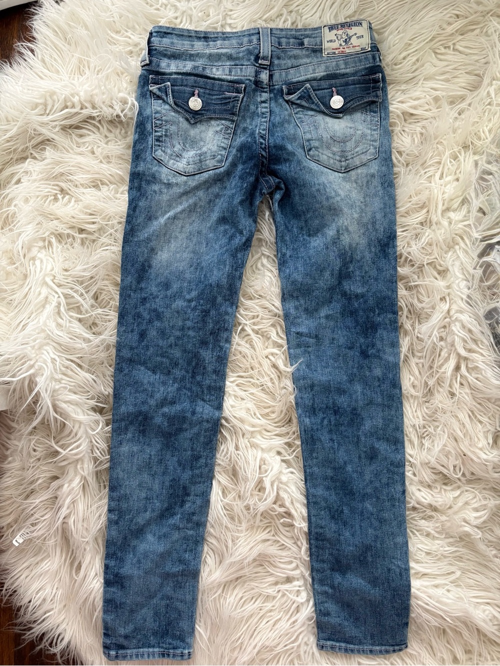 True Religion Girls Skinny Jeans Size 12 Blue Wash Pink Stitch Flap Pocket Denim